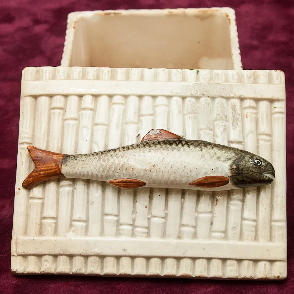 Антикварная Фаянсовая Шкатулка - Маслёнка - Паштетница «РЫБА - ПЕСКАРЬ», Россия - Кузнецов до 1917г.