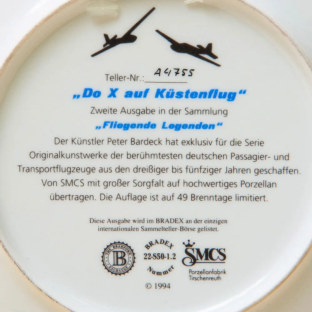 Коллекционная Тарелка «Самолёт - Дорнье Do X над побережем» Фарфор, Германия -1994 год.