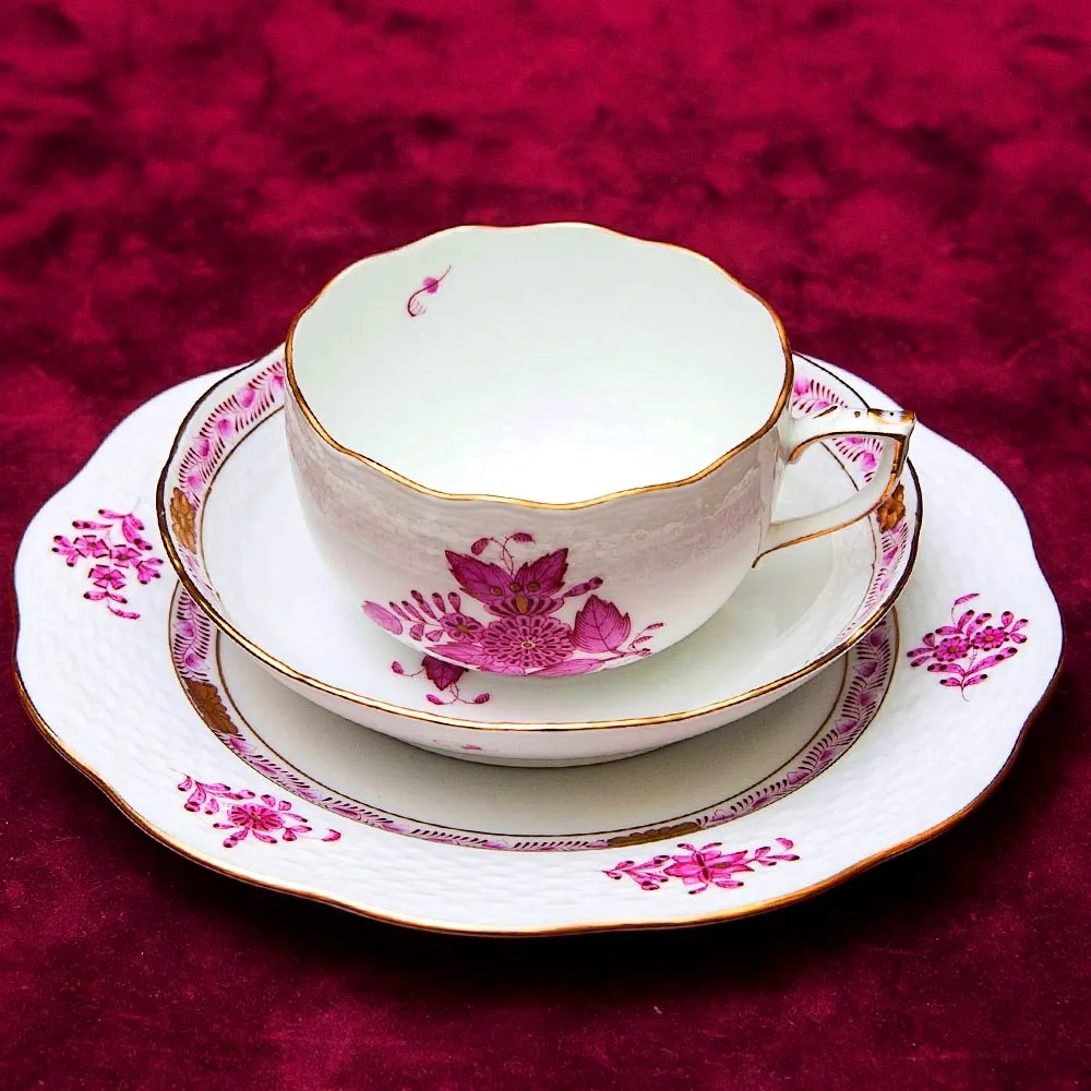 Коллекционная Чайная пара+Тарелка (Тройка) APPONYI PURPUR. Фарфор HEREND, Венгрия.