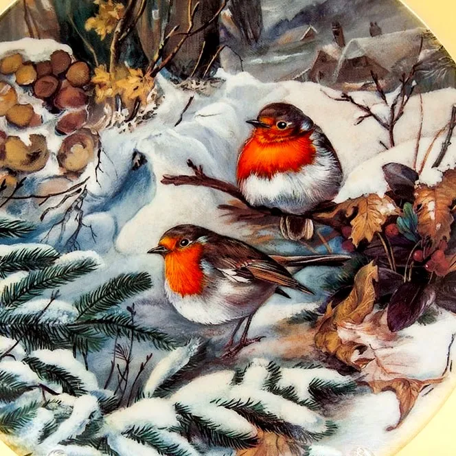 Коллекционная Тарелка «Зарянки на снегу» Фарфор, Hutschenreuther, Германия -1992 год.