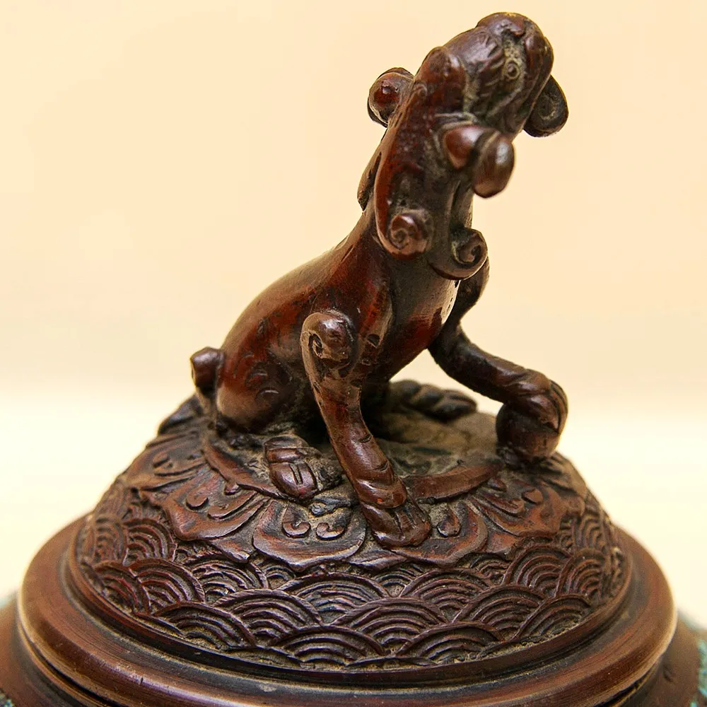 Редкость! Антикварная Шкатулка «Собака ФУ» в стиле «Шамплеве», Металл, Эмаль, Япония 20 гг.