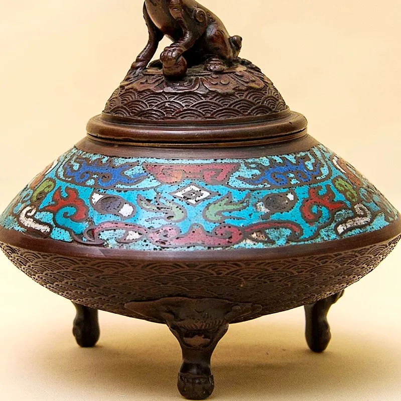 Редкость! Антикварная Шкатулка «Собака ФУ» в стиле «Шамплеве», Металл, Эмаль, Япония 20 гг.