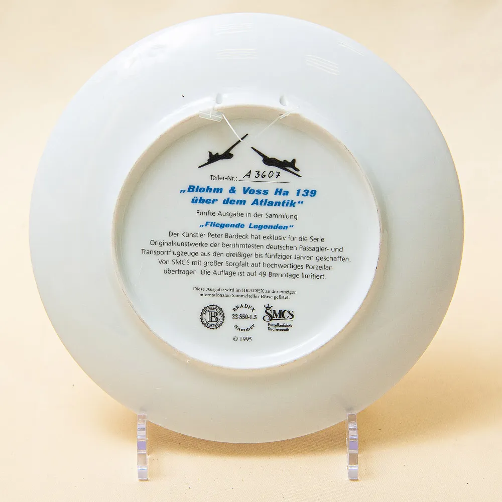 Коллекционная Тарелка «Самолёт - Блом унд Фосс Ha 139 над Атлантикой» Фарфор, Германия -1995 год.