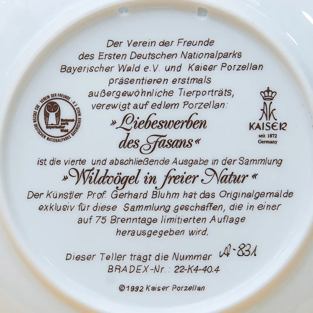 Коллекционная Тарелка «ФАЗАНЫ» Фарфор KAISER Porzellan Германия 1992 год.