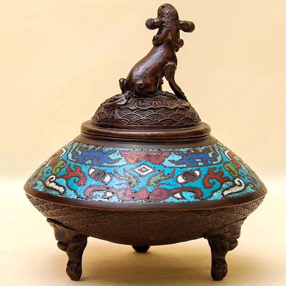 Редкость! Антикварная Шкатулка «Собака ФУ» в стиле «Шамплеве», Металл, Эмаль, Япония 20 гг.