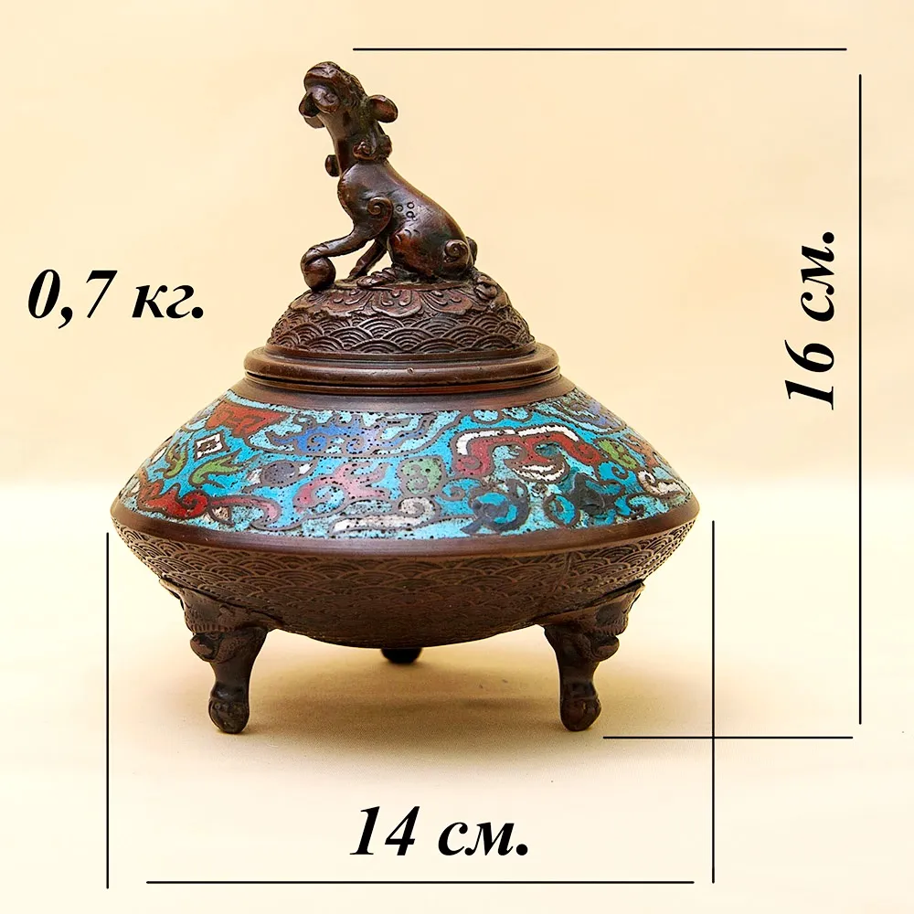 Редкость! Антикварная Шкатулка «Собака ФУ» в стиле «Шамплеве», Металл, Эмаль, Япония 20 гг.