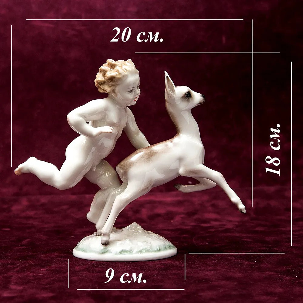 Редкая Фарфоровая Статуэтка «Путти с Олененком», Hutschenreuther,  Германия -1948 год.