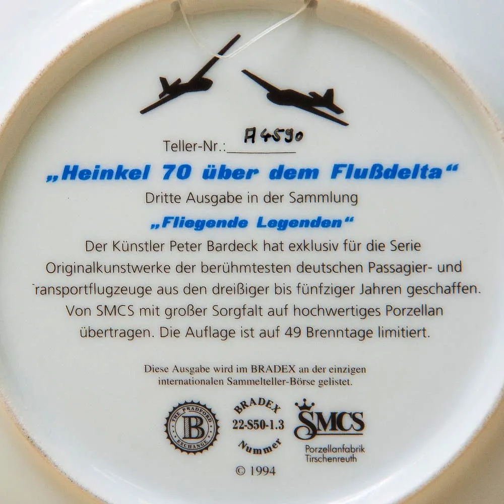 Коллекционная Тарелка «Самолёт - Хейнкель Не-70 над Речной дельтой» Фарфор, Германия -1994 год.