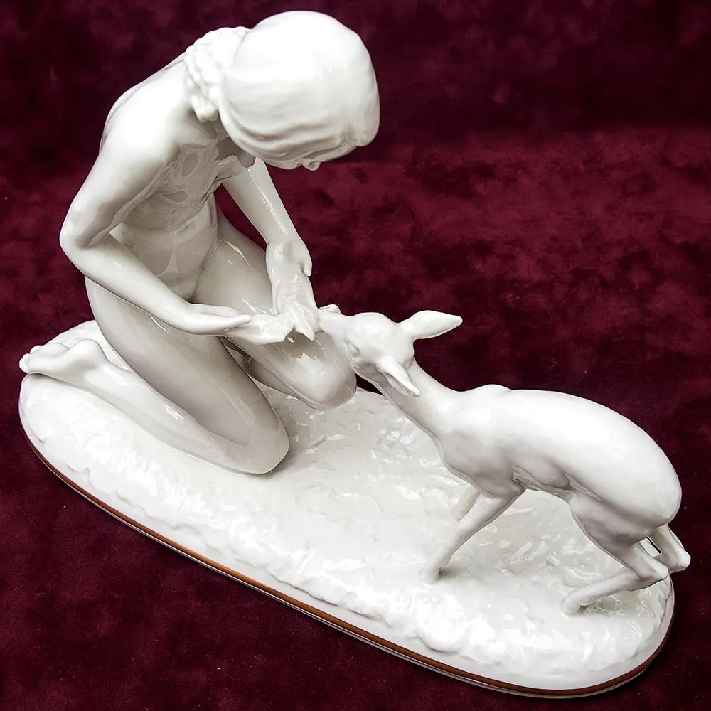 Редкая Фарфоровая Статуэтка «Девушка с Олененком», Hutschenreuther,  Германия -1955 год.