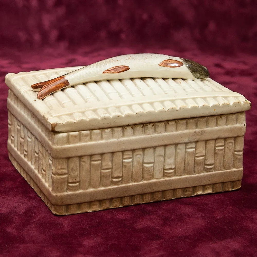 Антикварная Фаянсовая Шкатулка - Маслёнка - Паштетница «РЫБА - ПЕСКАРЬ», Россия - Кузнецов до 1917г.