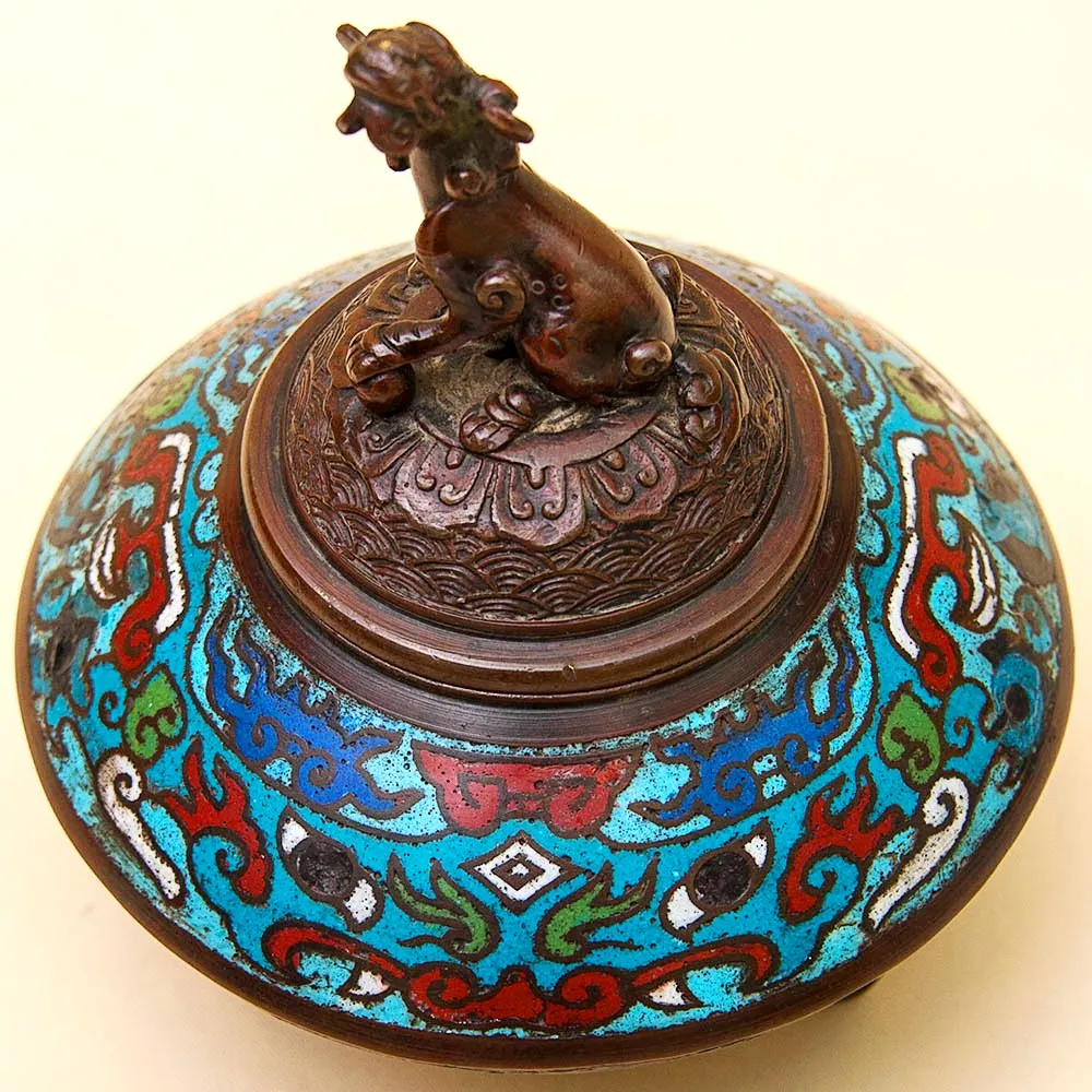 Редкость! Антикварная Шкатулка «Собака ФУ» в стиле «Шамплеве», Металл, Эмаль, Япония 20 гг.
