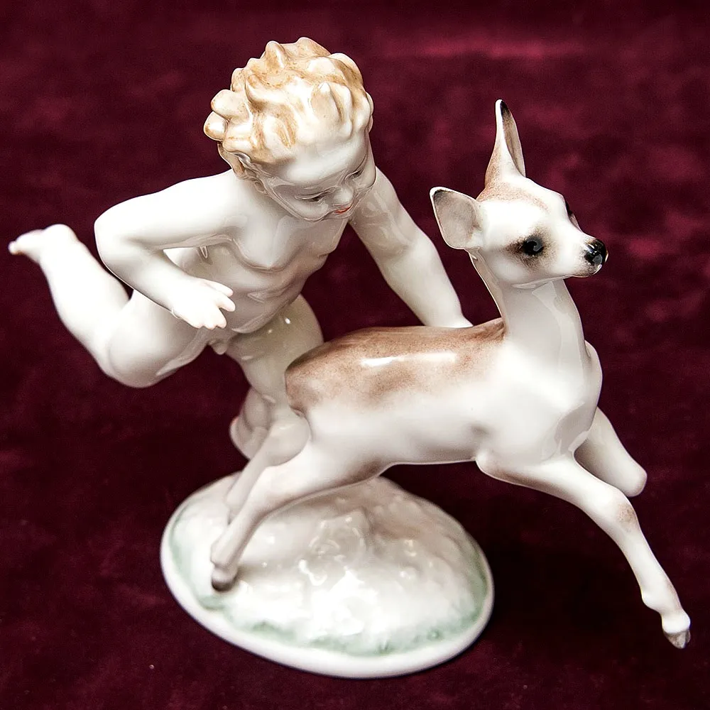 Редкая Фарфоровая Статуэтка «Путти с Олененком», Hutschenreuther,  Германия -1948 год.