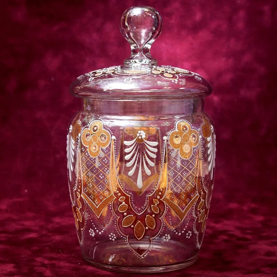 «Золотой узор» - Бисквитница - Сахарница - Баночка с крышкой, Стекло Англия 30-е годы ХХ века.