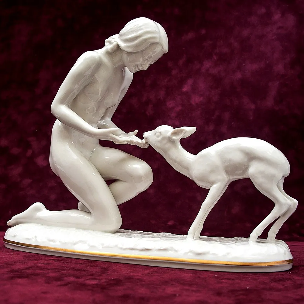 Редкая Фарфоровая Статуэтка «Девушка с Олененком», Hutschenreuther,  Германия -1955 год.