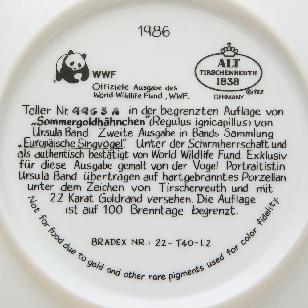 Коллекционная Тарелка «КРАСНОГОЛОВЫЙ КОРОЛЕК» Фарфор ALT.Tirschenreuth Германия -1986 год.