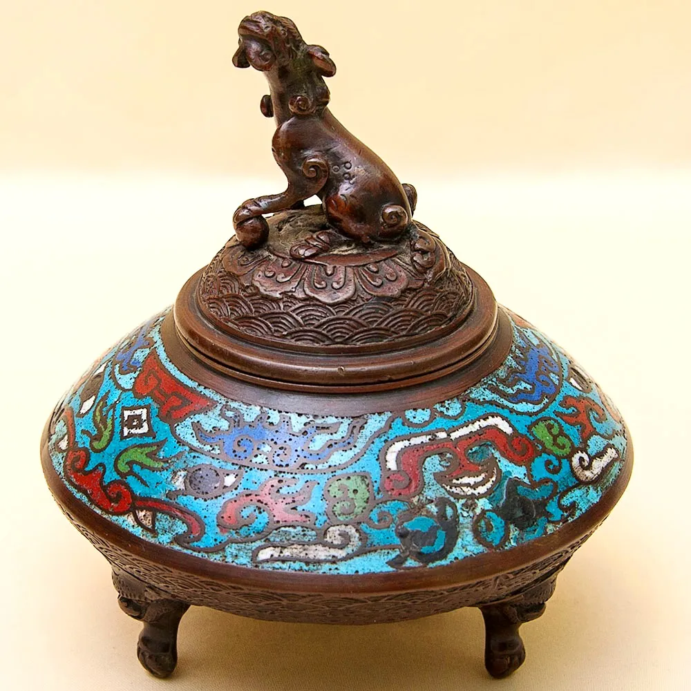 Редкость! Антикварная Шкатулка «Собака ФУ» в стиле «Шамплеве», Металл, Эмаль, Япония 20 гг.