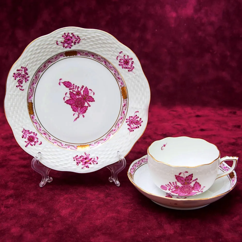 Коллекционная Чайная пара+Тарелка (Тройка) APPONYI PURPUR. Фарфор HEREND, Венгрия.
