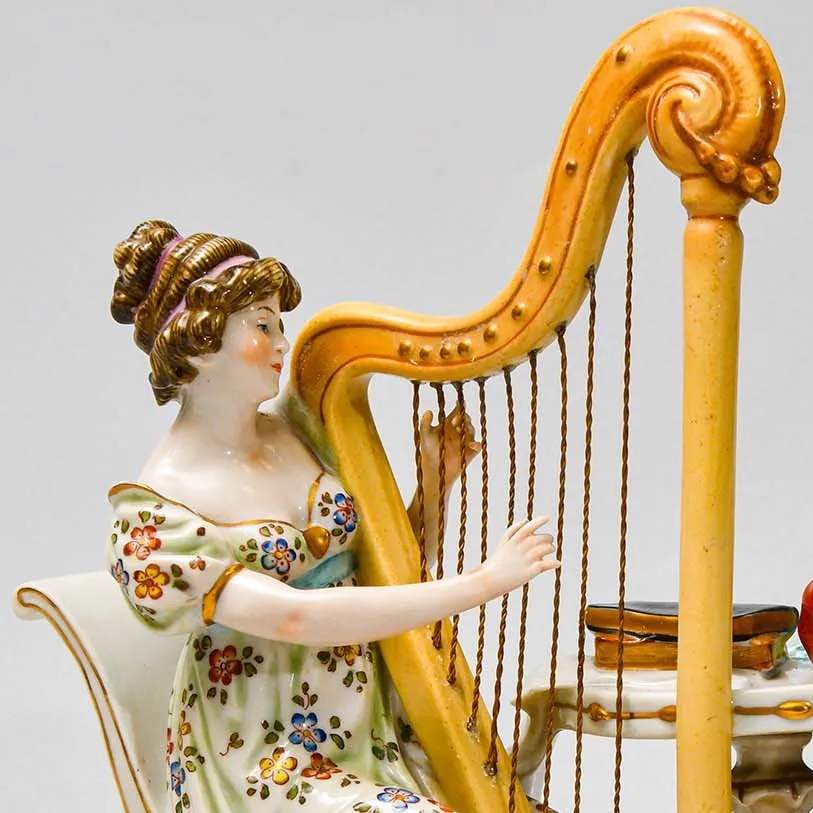 Антикварная Статуэтка «Арфистка и Кавалер - Репетиция», фарфор Scheibe - Alsbach, Германия.