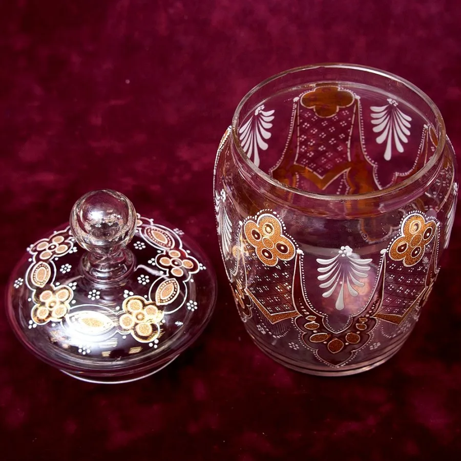 «Золотой узор» - Бисквитница - Сахарница - Баночка с крышкой, Стекло Англия 30-е годы ХХ века.