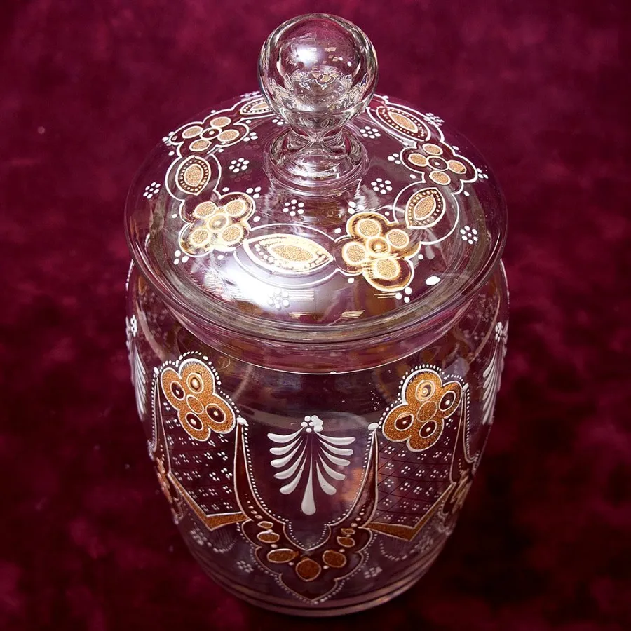 «Золотой узор» - Бисквитница - Сахарница - Баночка с крышкой, Стекло Англия 30-е годы ХХ века.