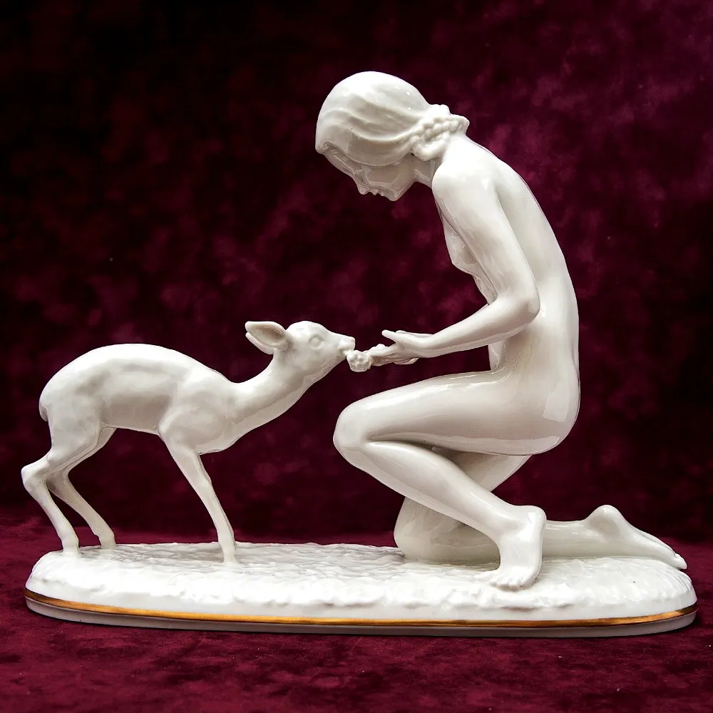 Редкая Фарфоровая Статуэтка «Девушка с Олененком», Hutschenreuther,  Германия -1955 год.