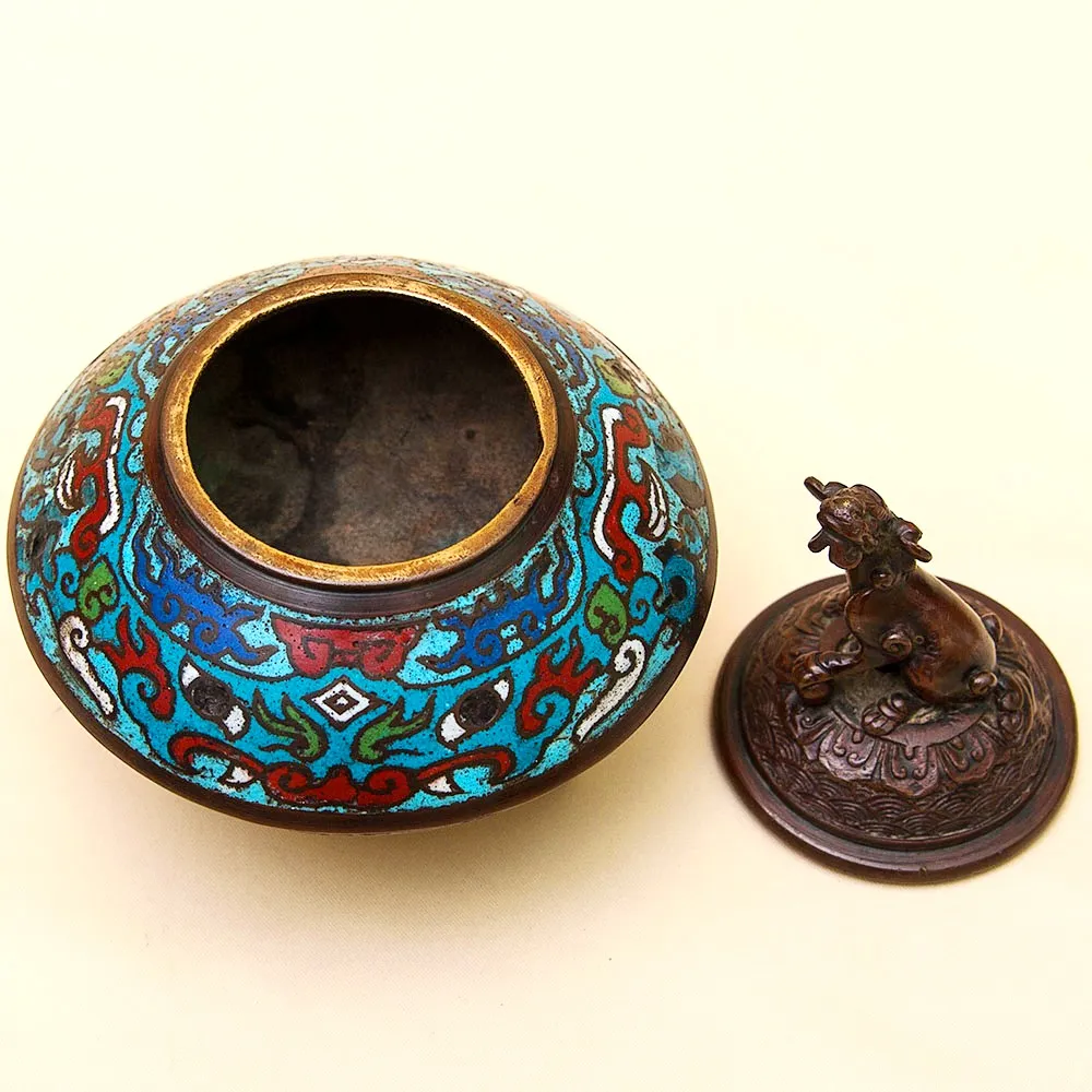 Редкость! Антикварная Шкатулка «Собака ФУ» в стиле «Шамплеве», Металл, Эмаль, Япония 20 гг.