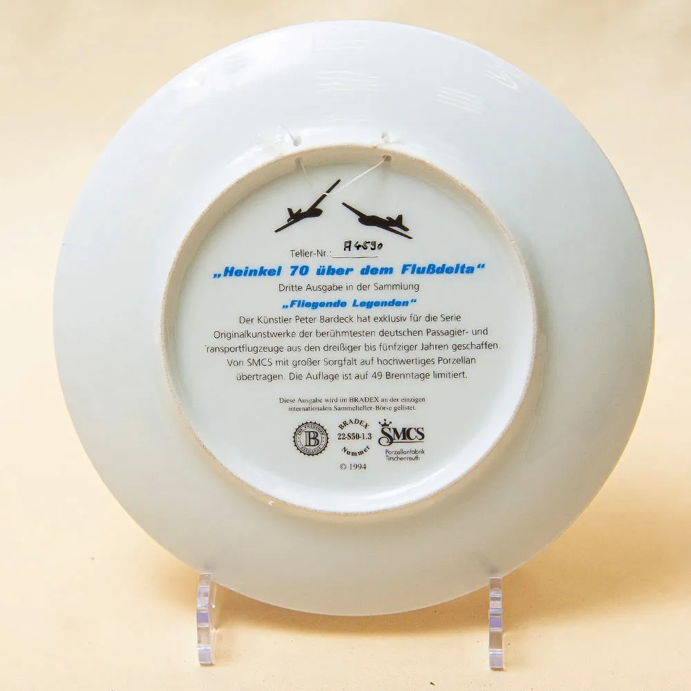 Коллекционная Тарелка «Самолёт - Хейнкель Не-70 над Речной дельтой» Фарфор, Германия -1994 год.