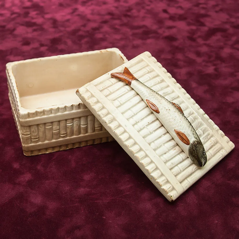 Антикварная Фаянсовая Шкатулка - Маслёнка - Паштетница «РЫБА - ПЕСКАРЬ», Россия - Кузнецов до 1917г.