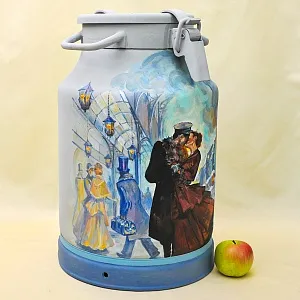 Авторская Картина на Винтажном Бидоне «Паровоз, Перрон и Любовь» - «Зонтичница» или Ёмкость - для хранения зонтов и тростей .