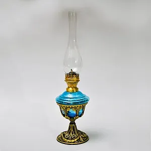 Антикварная Керосиновая Лампа «Аквамарин», Стекло / Металл, начало ХХ века.