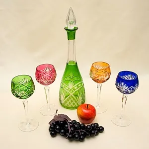 Набор для Вина Графин и 4-е Бокала серия «Portofino» Цветной Хрусталь, Annahütte Германия, 50 -е годы.