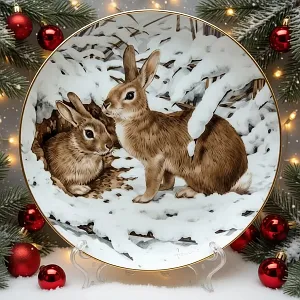 Коллекционная Тарелка «Лесной Год, ЯНВАРЬ. Зайцы» Фарфор, Англия - 1983 год.