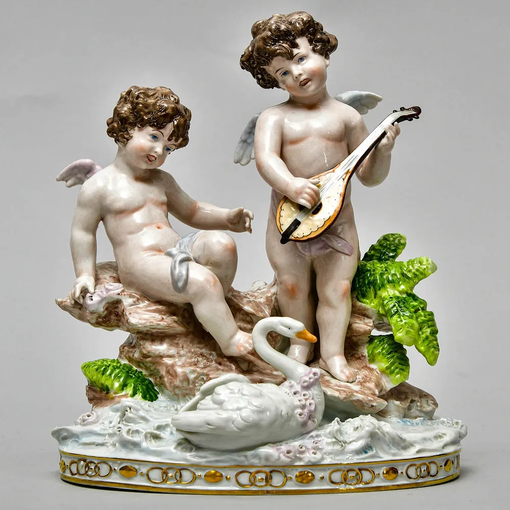 Редкость! Коллекционная Фарфоровая Статуэтка «ДВА ПУТТИ И ЛЕБЕДЬ», Scheibe - Alsbach Германия.