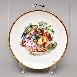 Десертный Набор из 4-х Фарфоровых Тарелок «Изысканные угощения и попугай» Fraureuth Германия, 1910 - 1926 гг.