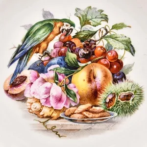 Десертный Набор из 4-х Фарфоровых Тарелок «Изысканные угощения и попугай» Fraureuth Германия, 1910 - 1926 гг.