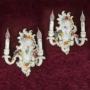 Парные Настенные Электрические Бра - Канделябры, Фарфор PLAUE Von Schierholz Германия.