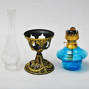 Антикварная Керосиновая Лампа «Аквамарин», Стекло / Металл, начало ХХ века.