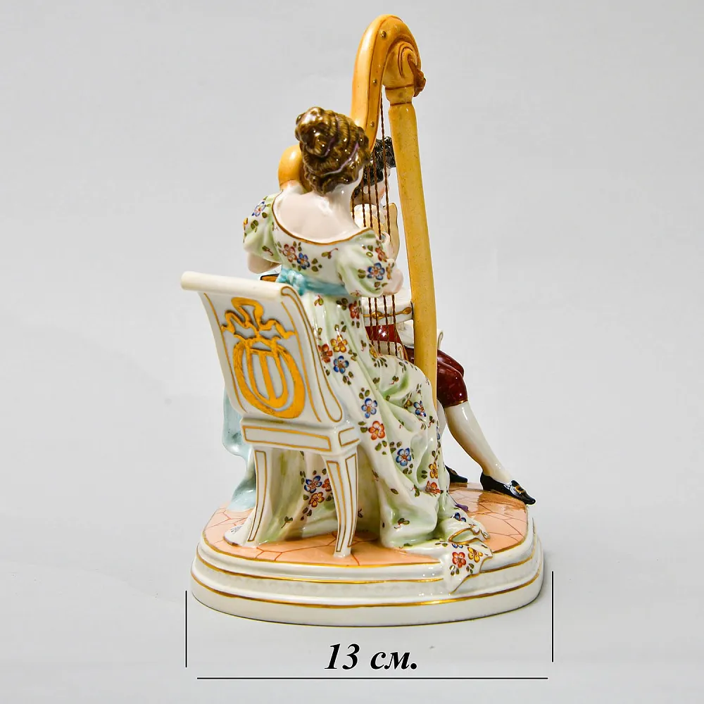 Антикварная Статуэтка «Арфистка и Кавалер - Репетиция», фарфор Scheibe - Alsbach, Германия.