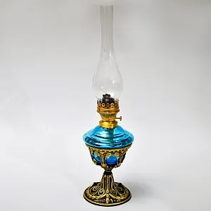 Антикварная Керосиновая Лампа «Аквамарин», Стекло / Металл, начало ХХ века.