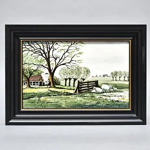 Фарфоровый Пласт - Картина - Панно «Сельский пейзаж. Пастбище», Royal Delft Голландия 50 гг. 