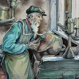 Объемная Картина - Панно в технике 3D декупаж «Ремесленник. Мастер - лудильщик», 70-е годы ХХ века.