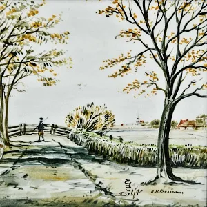 Фарфоровый Пласт - Картина - Панно «Сельский пейзаж. Подворье», Royal Delft Голландия 50 гг.