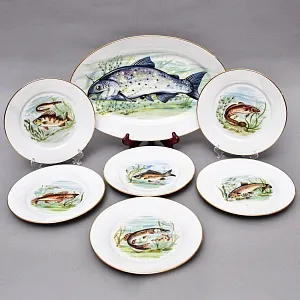 Столовый «Рыбный» Сервиз на 6 персон, Фарфор Limoges / Лимож Франция, конец ХХ века.