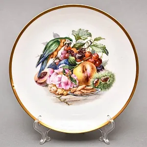 Десертный Набор из 4-х Фарфоровых Тарелок «Изысканные угощения и попугай» Fraureuth Германия, 1910 - 1926 гг.