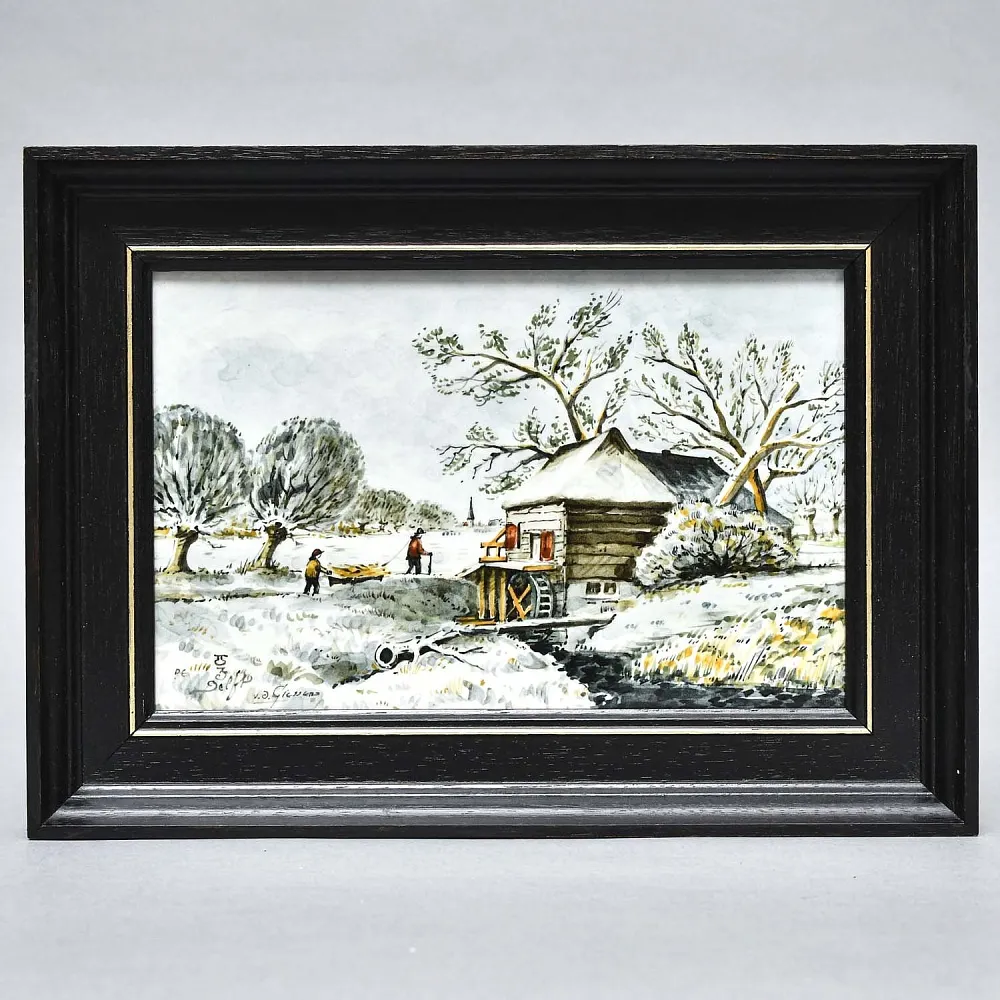 Фарфоровый Пласт - Картина - Панно «Сельский пейзаж. Мельница», Royal Delft Голландия 50 гг.