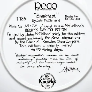 Коллекционная Фарфоровая Тарелка «День девочки Бекки. Завтрак», RECO США - 1986 год. 