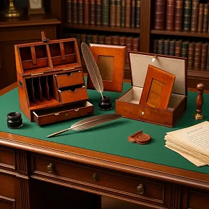 Редкость! Эксклюзивный Кабинетный Настольный Набор Четыре Предмета «БЮРО», Кожа Flamant, Бельгия.