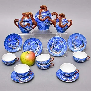 Чайный Сервиз на 6 персон «Синий Дракон», Фарфор SATSUMA Япония, середина ХХ века. 