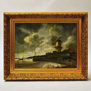 Картина - Пейзаж «Река Маас. Пейзаж с мельницей», Холст, Масло. Голландия 1984 год.