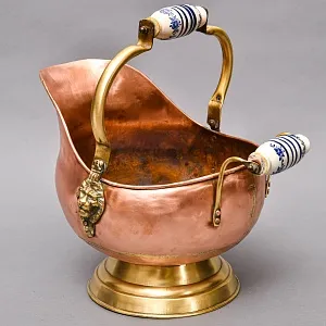 Классический Медный Зольник с  Фарфоровыми ручками, Кашпо Англия, середина ХХ века!